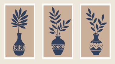 Minimalist Blue Vases with Leafy Branches on Earth-Tone Background