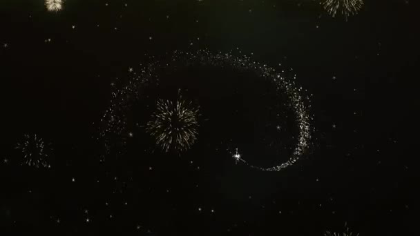 第七快乐周年贺卡文本显示从金色烟花和饼干闪光闪亮的魔术粒子和火花夜星天空为庆祝 — 图库视频影像