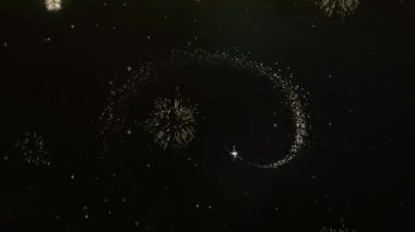 Bizi tebrik kartı metin ortaya altın havai fişek ve kraker Glitter parlak Magic parçacıklar ve Sparks gece yıldızlı gökyüzü üzerinde takip kutlama, dilek, olaylar, mesaj, tatil, festival için 