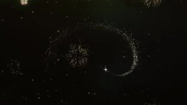  Mutlu yeni yıl tebrik kartı metin ortaya altın havai fişek ve kraker Glitter parlak Magic parçacıklar ve Sparks gece yıldızlı gökyüzü üzerinde gelen kutlama, dilek, olaylar, mesaj, tatil, festival için 