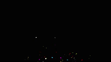 Middle_Left_Right_Multi şekil gerçekçi çok renkli konfeti çok şekil kurşun Popper patlamalar çekim düşen siyah/yeşil 4k arka plan. Düğün, Doğum günü, kutlama, karnaval, parti veya tatil