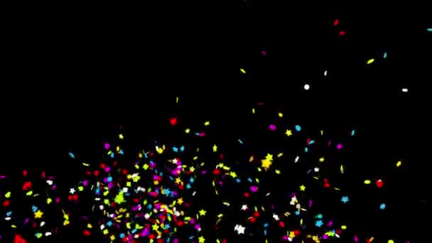 Ground Shot_Multi_Shape Realistic Multicolored Confetti Multi Shape Gunshot Popper Explosions — Stock Video