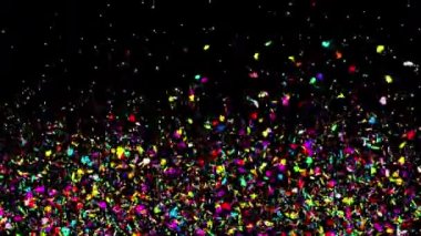 Siyah/yeşil 4k arka plan Gunshot_Mixture_multi_Shape gerçekçi çok renkli konfeti çok şekil kurşun Popper patlamalar çekim düşüyor. Düğün, Doğum günü, kutlama, karnaval, parti veya tatil