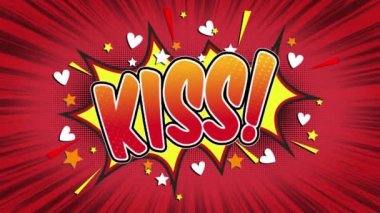  Word Retro karikatür komik kabarcıklar Popup stil ifadeler renkli bomba öp ve duman şerit noktalı ve kırmızı hız radyal sorunsuz döngü animasyon siyah / yeşil ekran satırı 4k doodle arka plan