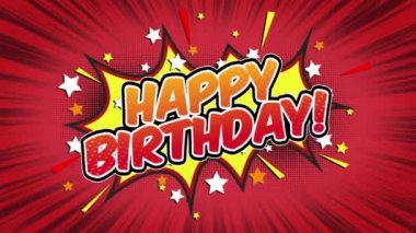 İyi ki doğdun Word Retro karikatür komik kabarcıklar Popup stil ifadeler renkli bomba ve duman şerit noktalı ve kırmızı hız radyal sorunsuz döngü animasyon siyah / yeşil ekran satırı 4k arka plan doodle