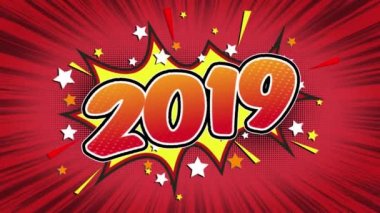  2019 Word Retro karikatür komik kabarcıklar Popup stil ifadeler renkli bomba ve duman şerit noktalı ve kırmızı hız radyal sorunsuz döngü animasyon siyah / yeşil ekran satırı 4k arka plan doodle