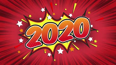 2020 Word Retro karikatür komik kabarcıklar Popup stil ifadeler renkli bomba ve duman şerit noktalı ve kırmızı hız radyal sorunsuz döngü animasyon siyah / yeşil ekran satırı 4k arka plan doodle