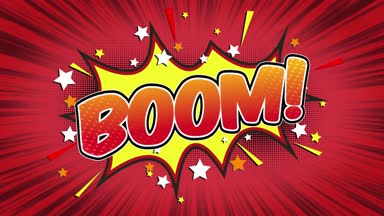 Boom Word Retro karikatür komik kabarcıklar Popup stil ifadeler renkli bomba ve duman şerit noktalı ve kırmızı hız radyal sorunsuz döngü animasyon siyah / yeşil ekran satırı 4k arka plan doodle