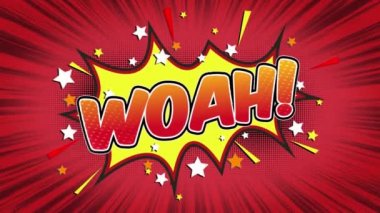 Woah Word Retro karikatür komik kabarcıklar Popup stil ifadeler renkli bomba ve duman şerit noktalı ve kırmızı hız radyal sorunsuz döngü animasyon siyah / yeşil ekran satırı 4k arka plan doodle