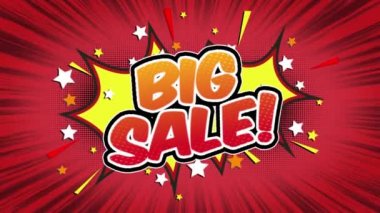 Büyük satış Word Retro karikatür komik kabarcıklar Popup stil ifadeler renkli bomba ve duman şerit noktalı ve kırmızı hız radyal sorunsuz döngü animasyon siyah / yeşil ekran satırı 4k arka plan doodle