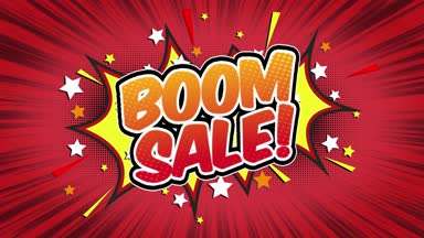 Boom Satılık Word Retro karikatür komik kabarcıklar Popup stil ifadeler renkli bomba ve duman şerit noktalı ve kırmızı hız radyal sorunsuz döngü animasyon siyah / yeşil ekran satırı 4k arka plan doodle