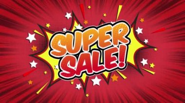 Süper Satılık Word Retro karikatür komik kabarcıklar Popup stil ifadeler renkli bomba ve duman şerit noktalı ve kırmızı hız radyal sorunsuz döngü animasyon siyah / yeşil ekran satırı 4k arka plan doodle