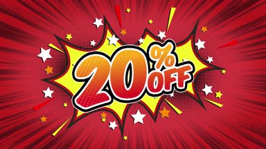 %20 off Word Retro karikatür komik kabarcıklar Popup stil ifadeler renkli bomba ve duman şerit noktalı ve kırmızı hız radyal sorunsuz döngü animasyon siyah / yeşil ekran satırı 4k arka plan doodle