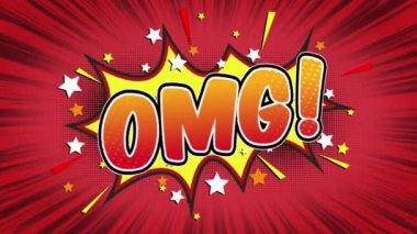 OMG Word Retro karikatür komik kabarcıklar Popup stil ifadeler renkli bomba ve duman şerit noktalı ve kırmızı hız radyal sorunsuz döngü animasyon siyah / yeşil ekran satırı 4k arka plan doodle