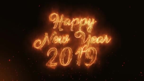 新年快乐2019字热燃烧逼真的火焰火花和烟雾连续无缝循环动画 — 图库视频影像