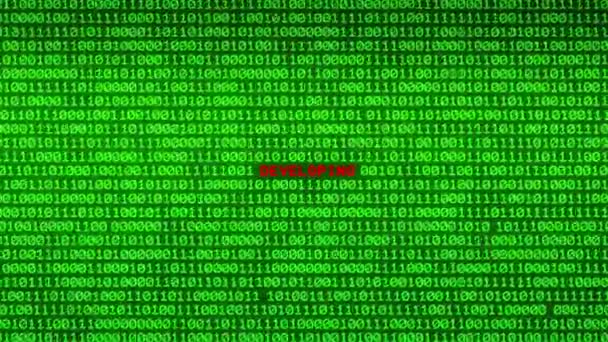 Wand Aus Grünem Binärcode Enthüllt Entwicklungswort Zwischen Zufälligem Binären Datenmatrix — Stockvideo