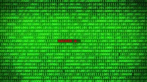 Wall Green Binary Code Revealing Hacker Advertencia Palabra Entre Fondo — Vídeos de Stock