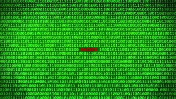 Zeď Zelené Binárního Kódu Odhalující Hacknutý Slovo Mezi Náhodné Binární — Stock video