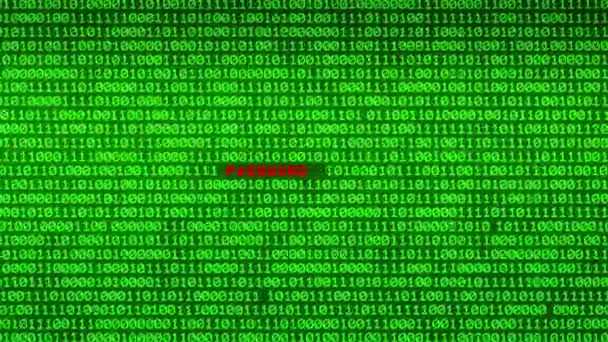 绿色二进制代码墙揭示了随机二进制数据矩阵背景下的密码破解词 — 图库视频影像