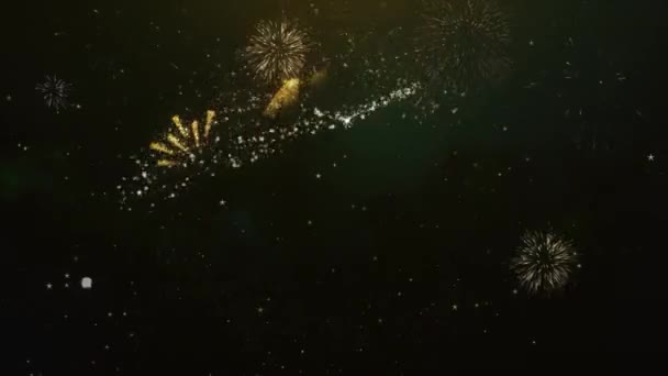 信者テキスト挨拶と希望カード キラキラ粒子および花火の光暗い夜空にカラフルな花火 の背景から製 — ストック動画