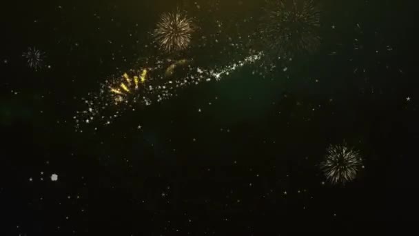 加入者テキスト挨拶と希望カード キラキラ粒子および花火の光暗い夜空にカラフルな花火 の背景から製 — ストック動画