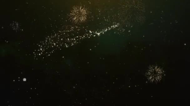 周年記念テキスト挨拶と希望カード キラキラ粒子および花火の光暗い夜空にカラフルな花火 の背景から製 — ストック動画