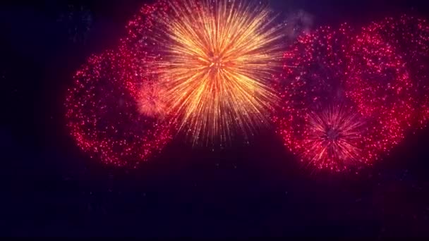 09. Bela decoração azul vermelho dourado no céu estrela Loop fogos de artifício Display . — Vídeo de Stock