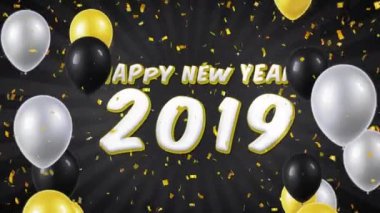 06. mutlu yeni yıl 2019 metin ile balonlar, konfeti hareket ilmekledi