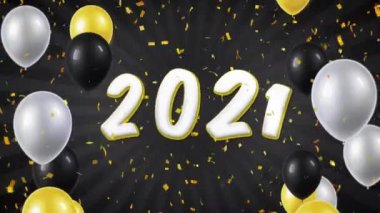 08. mutlu yeni yıl 2021 metin ile balonlar, konfeti hareket ilmekledi