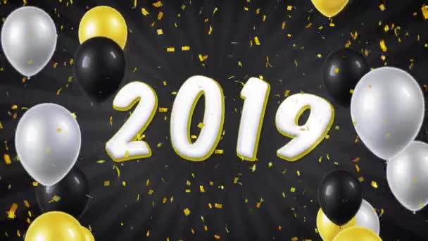 05. frohes neues Jahr 2019 Text mit Luftballons, Konfetti-Schleife Bewegung — Stockvideo