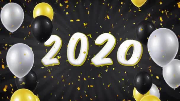 07. frohes neues Jahr 2020 Text mit Luftballons, Konfetti-Schleifenbewegung — Stockvideo