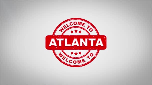 Ласкаво просимо до Атланти підписав тиснення дерев'яного штампу Анімація тексту. — стокове відео