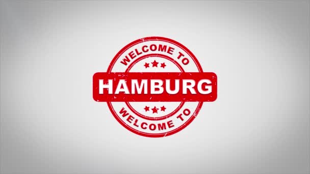 Välkommen till Hamburg undertecknat stämpling textanimering trä stämpel. — Stockvideo