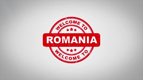 Welcome to ROMANIA Signed Stamping Text Wooden Stamp Animation. — Stock Video