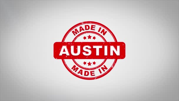 Made Austin Firmato Timbro Testo Legno Timbro Animazione Inchiostro Rosso — Video Stock