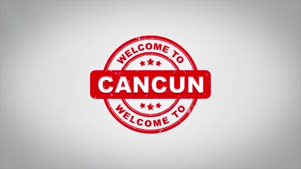 Välkommen till Cancun undertecknat stämpling textanimering trä stämpel. — Stockvideo