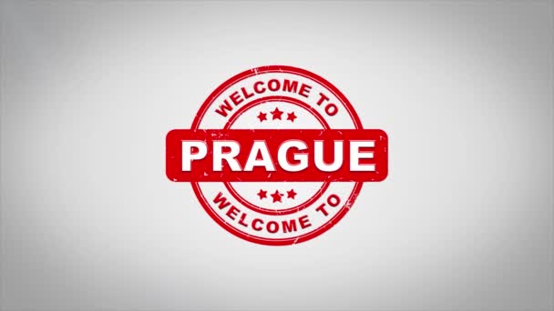 Welkom bij Praag ondertekend stempelen tekstanimatie houten stempel. — Stockvideo