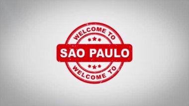 Sao Paulo hoş geldiniz damgalama metin ahşap damga animasyon imzaladı. Kırmızı mürekkep temiz beyaz kağıt yüzeyi zemin üzerine yeşil örtü arka plan dahil.