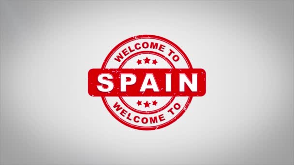 Willkommen in Spanien signierten Stempeltext hölzerne Stempel Animation. — Stockvideo