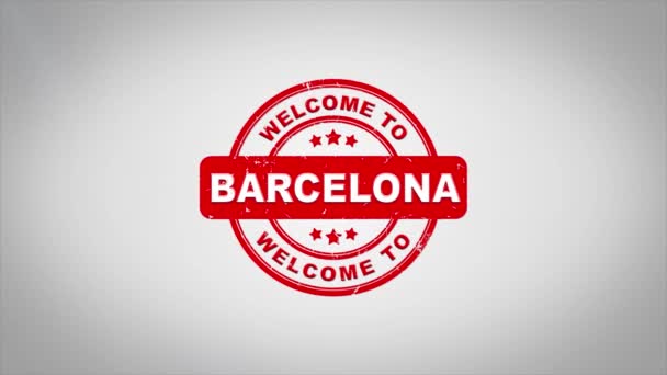 Välkommen till Barcelona undertecknat stämpling textanimering trä stämpel. — Stockvideo