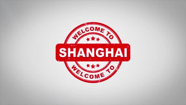 Välkommen till Shanghai undertecknat stämpling textanimering trä stämpel. — Stockvideo
