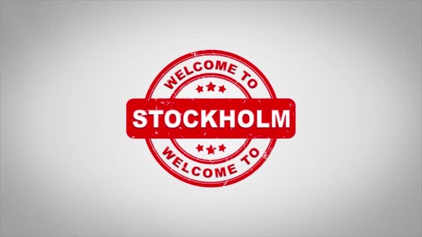 Ласкаво просимо в Стокгольмі підписав тиснення дерев'яного штампу Анімація тексту. — стокове відео