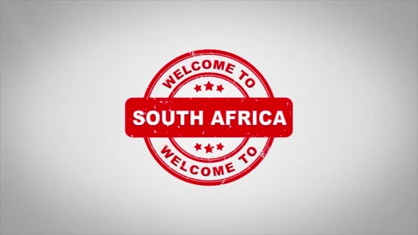 Välkommen till Sydafrika undertecknat stämpling textanimering trä stämpel. — Stockvideo