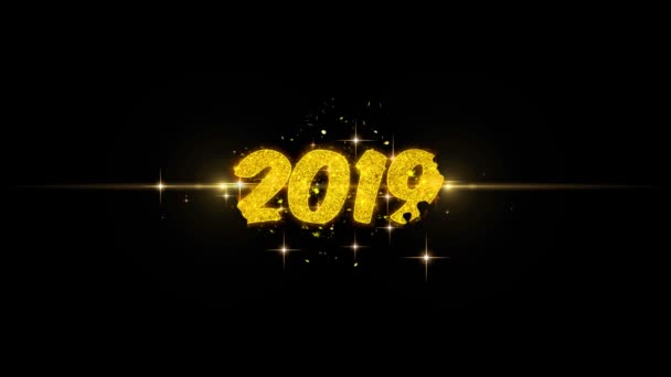 Ευτυχισμένο το νέο έτος 2019 χρυσή κείμενο αναβοσβήνει σωματίδια με χρυσά πυροτεχνήματα οθόνη φόντου. — Αρχείο Βίντεο