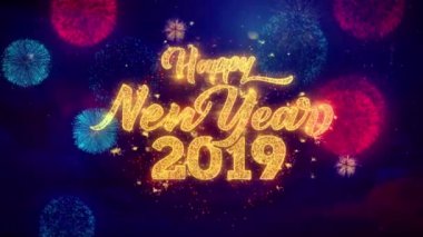Yeni yıl 2019 renkli havai fişek ekran üzerinde metin parçacıkları ışıltı tebrik .