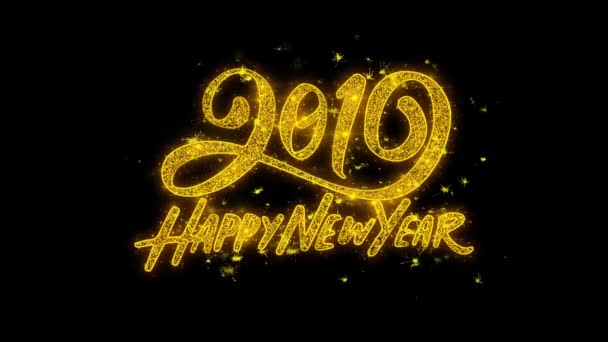 Frohes neues Jahr 2019 Typografie mit goldenen Teilchen funkt Feuerwerk geschrieben . — Stockvideo