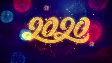 Mutlu yeni yıl 2020 renkli havai fişek ekran üzerinde metin parçacıkları ışıltı tebrik .