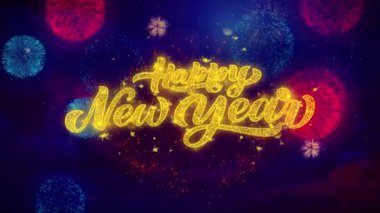 Mutlu yeni yıl renkli havai fişek ekran üzerinde metin parçacıkları ışıltı tebrik .