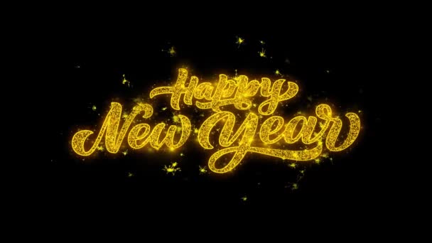 Ευτυχισμένο το νέο έτος 2019 τυπογραφία γραμμένο με χρυσά σωματίδια σπινθήρες επίδειξη πυροτεχνημάτων . — Αρχείο Βίντεο