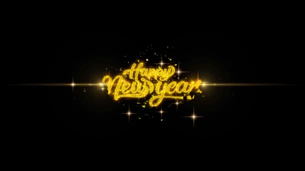 Feliz Ano Novo dourado Texto piscando partículas com fogos de artifício dourados . — Vídeo de Stock
